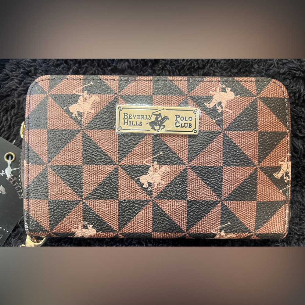 Beverly Hills Polo Club Brown & Black Geometric Wallet with Gold Plaque